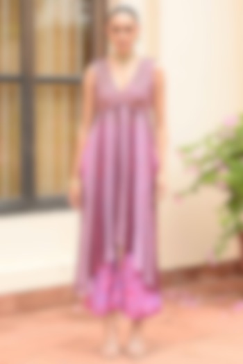 Lilac & Pink Crepe & Organza Embroidered Party Wear Anarkali Set by Rishi & Vibhuti at Pernia's Pop Up Shop