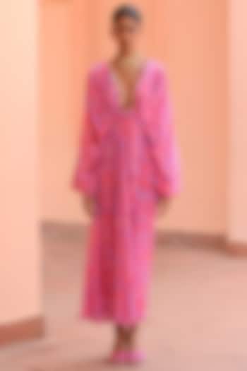 Pink Crepe & Organza Embroidered Vacation Dress by Rishi & Vibhuti at Pernia's Pop Up Shop