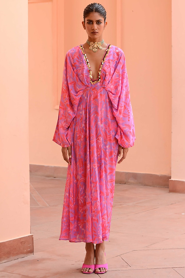 Pink Crepe & Organza Embroidered Vacation Dress by Rishi & Vibhuti at Pernia's Pop Up Shop
