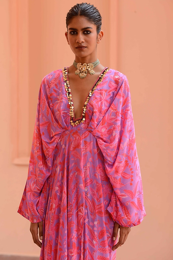 Pink Crepe & Organza Embroidered Vacation Dress by Rishi & Vibhuti at Pernia's Pop Up Shop