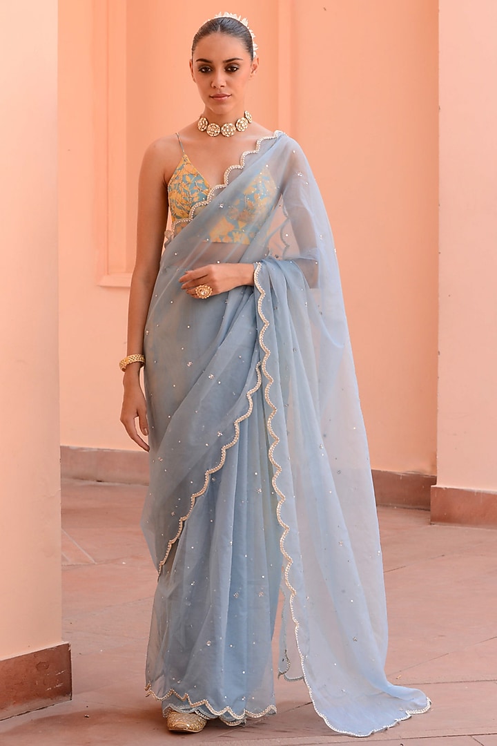 Baby Blue Crepe & Organza Embroidered Wedding Saree Set by Rishi & Vibhuti at Pernia's Pop Up Shop
