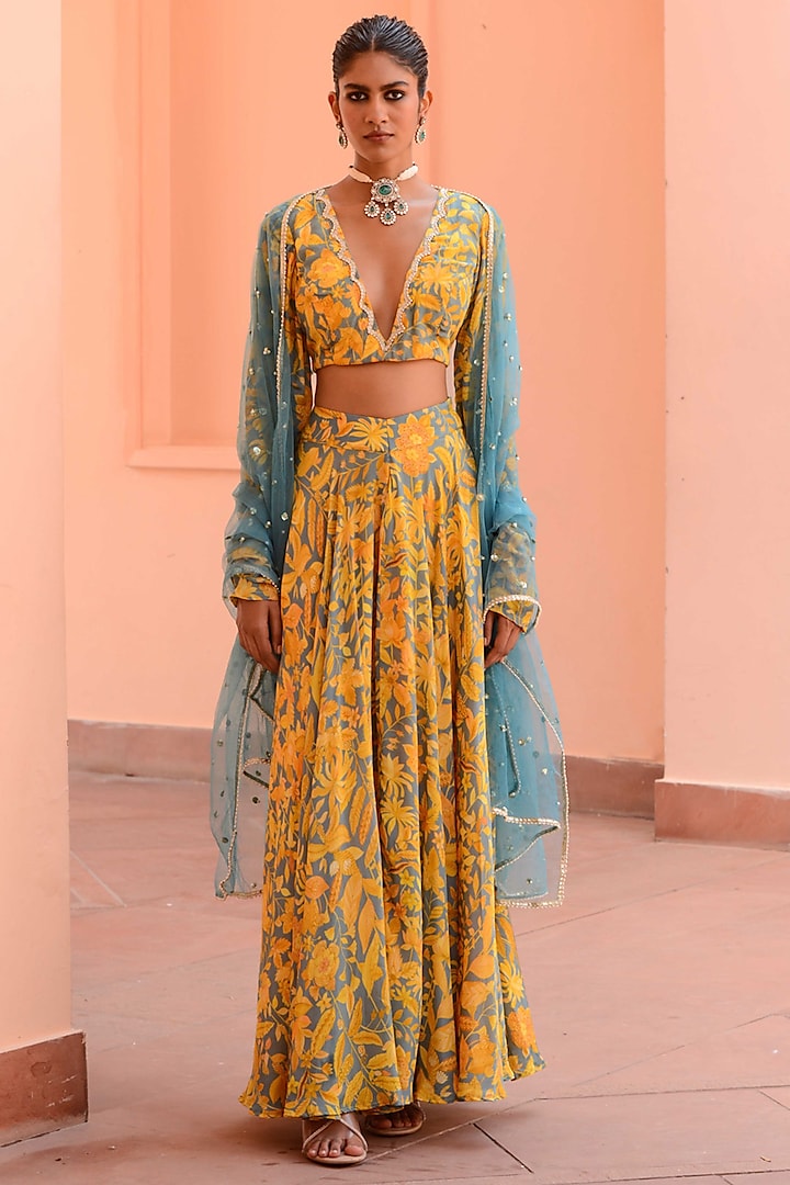 Yellow Crepe Embroidered Wedding Lehenga Set by Rishi & Vibhuti at Pernia's Pop Up Shop