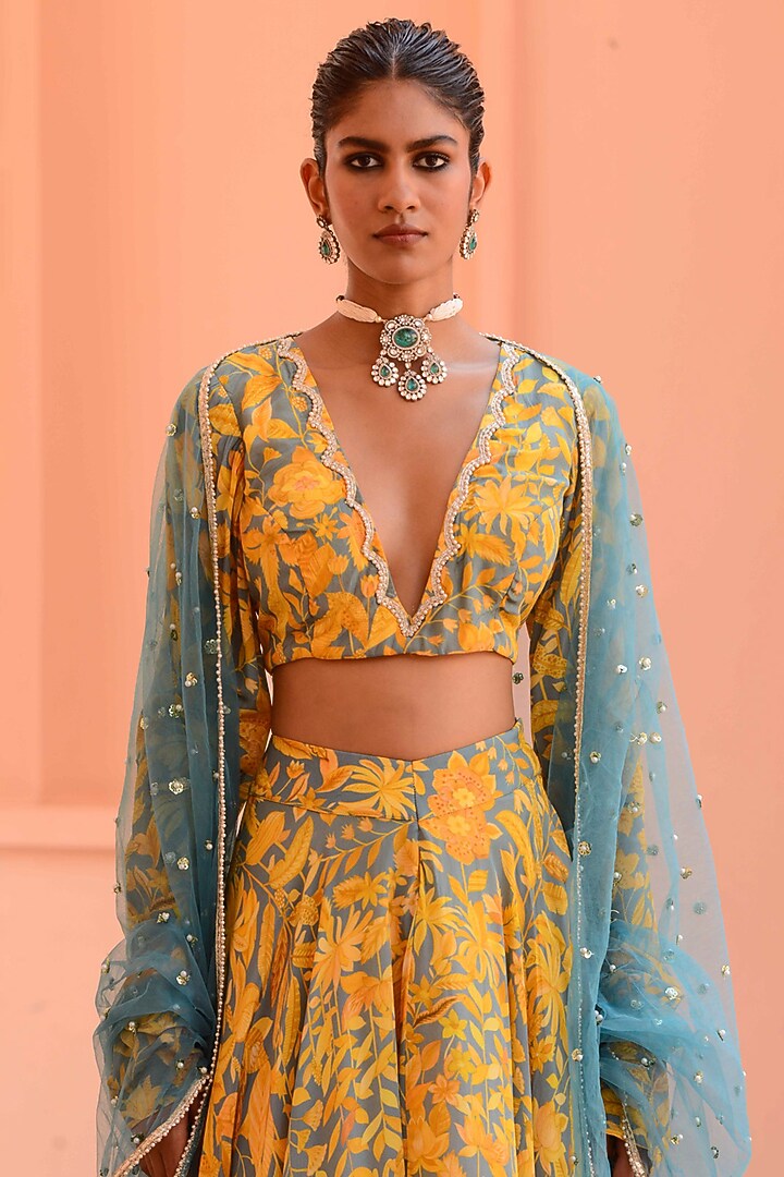 Yellow Crepe Embroidered Wedding Lehenga Set by Rishi & Vibhuti at Pernia's Pop Up Shop