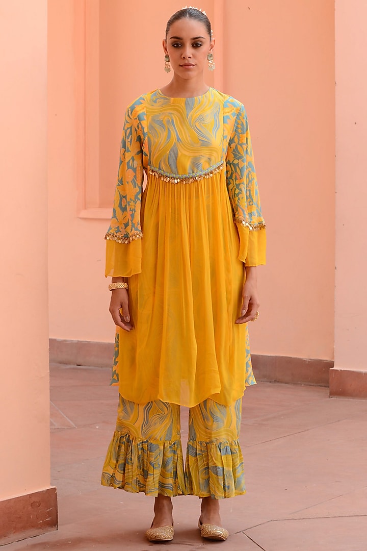 Yellow Crepe Embroidered Party Wear Anarkali Set by Rishi & Vibhuti at Pernia's Pop Up Shop