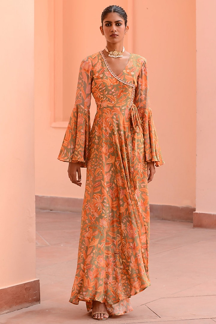 Peach Crepe Wrap Party Wear Anarkali by Rishi & Vibhuti at Pernia's Pop Up Shop