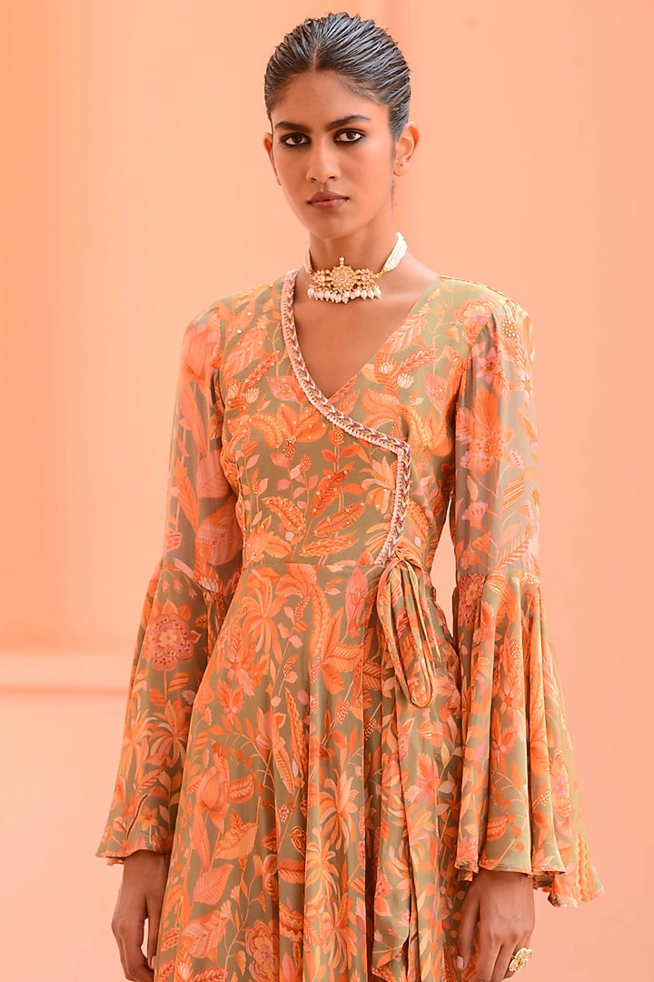 Peach Crepe Wrap Party Wear Anarkali by Rishi & Vibhuti at Pernia's Pop Up Shop