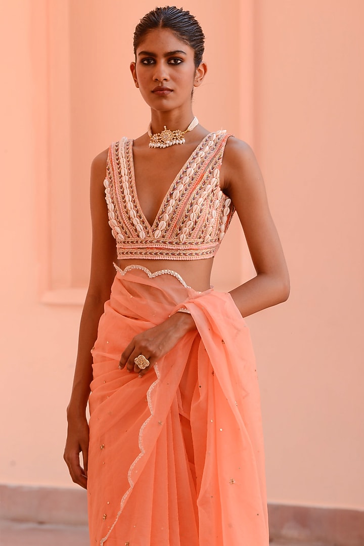 Peach Crepe Embroidered Wedding Saree Set by Rishi & Vibhuti at Pernia's Pop Up Shop