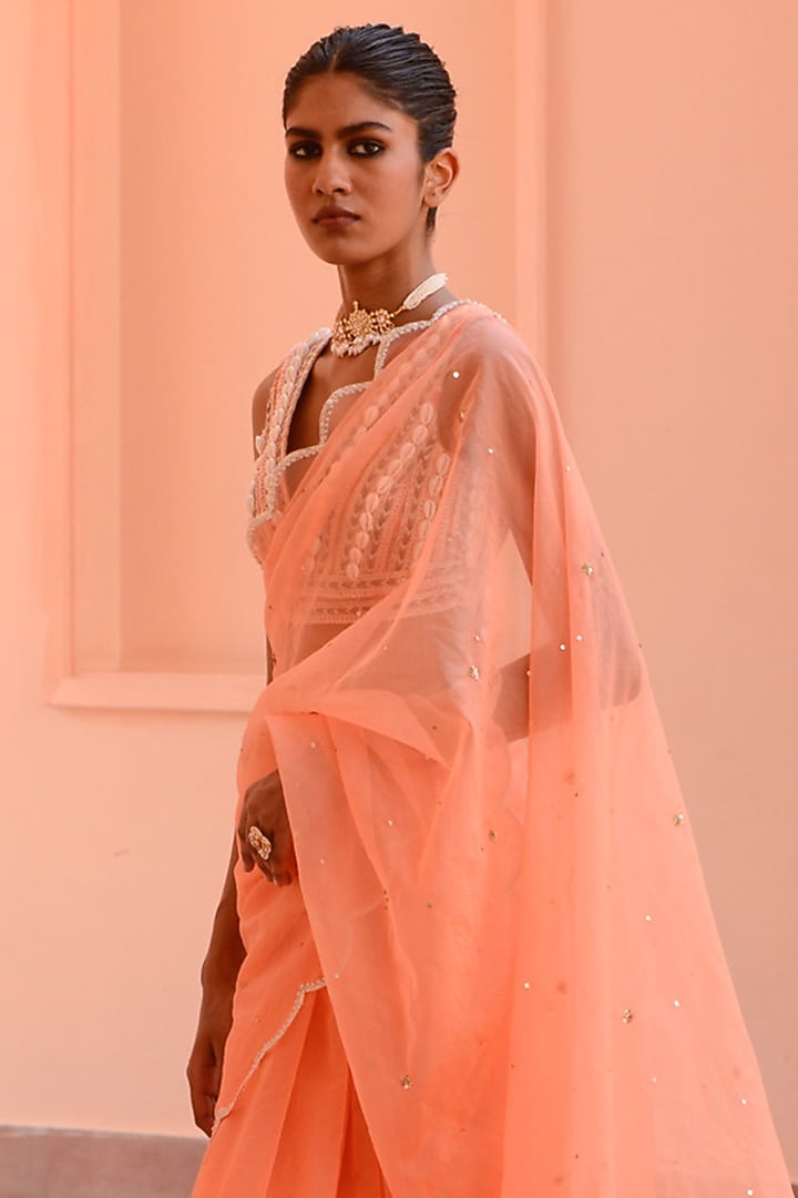 Peach Crepe Embroidered Wedding Saree Set by Rishi & Vibhuti at Pernia's Pop Up Shop