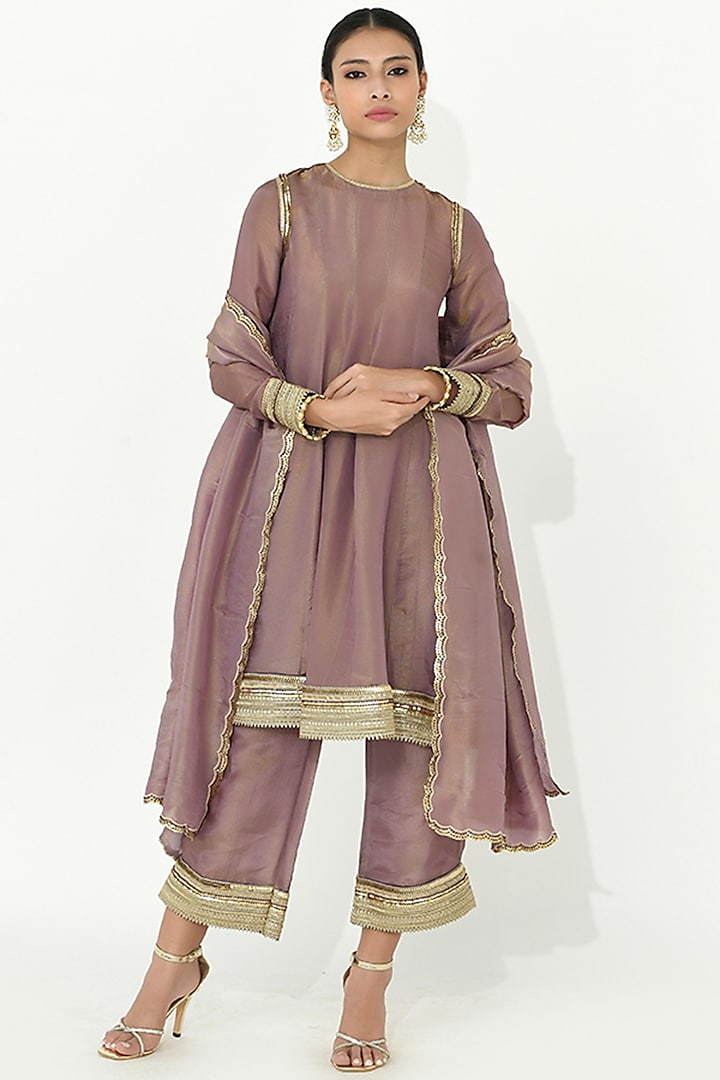 Lavender-Mauve Chanderi Silk Embroidered Anarkali Set by Rishi & Vibhuti