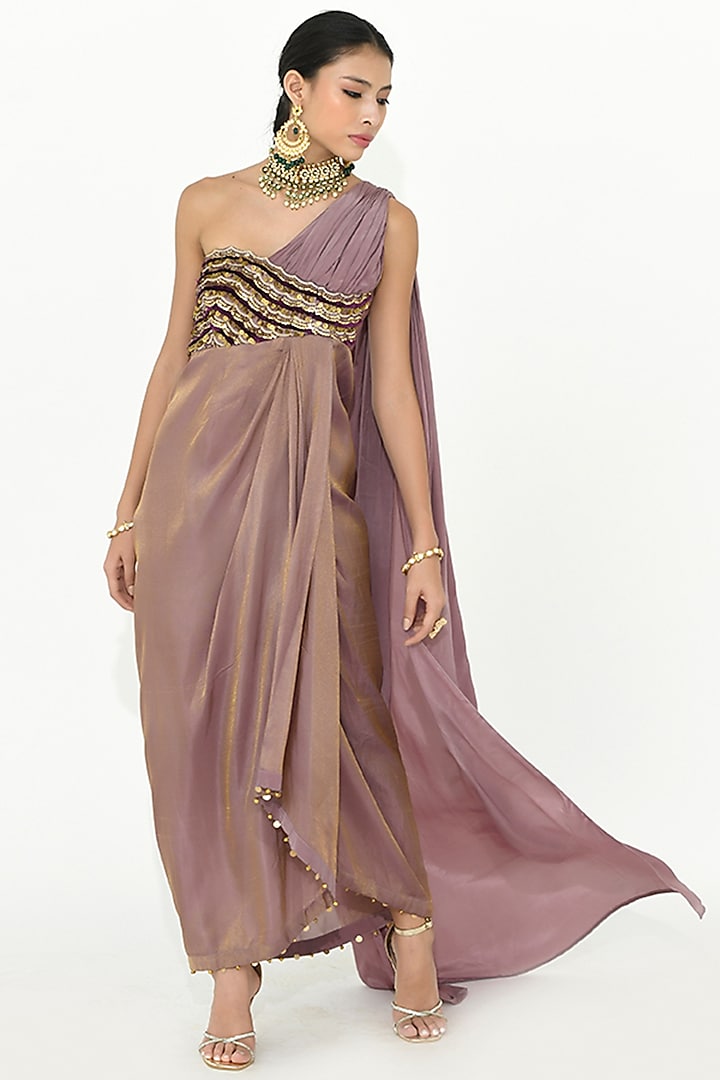 Lavender-Mauve Chanderi Silk & Crepe Embroidered Dress by Rishi & Vibhuti at Pernia's Pop Up Shop