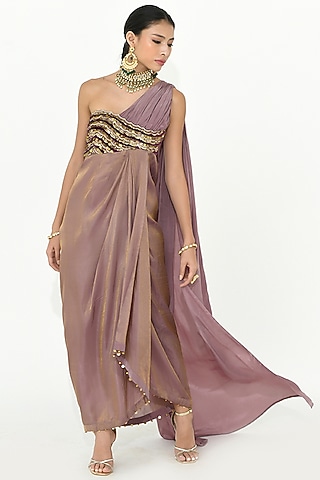 Lavender-Mauve Chanderi Silk & Crepe Embroidered Dress by Rishi & Vibhuti