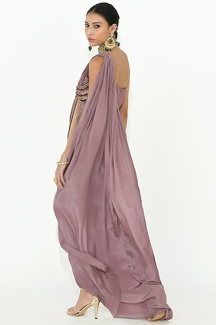 Lavender-Mauve Chanderi Silk & Crepe Embroidered Vacation Dress by Rishi & Vibhuti at Pernia's Pop Up Shop