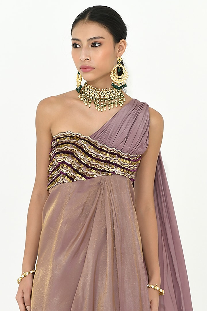 Lavender-Mauve Chanderi Silk & Crepe Embroidered Vacation Dress by Rishi & Vibhuti at Pernia's Pop Up Shop