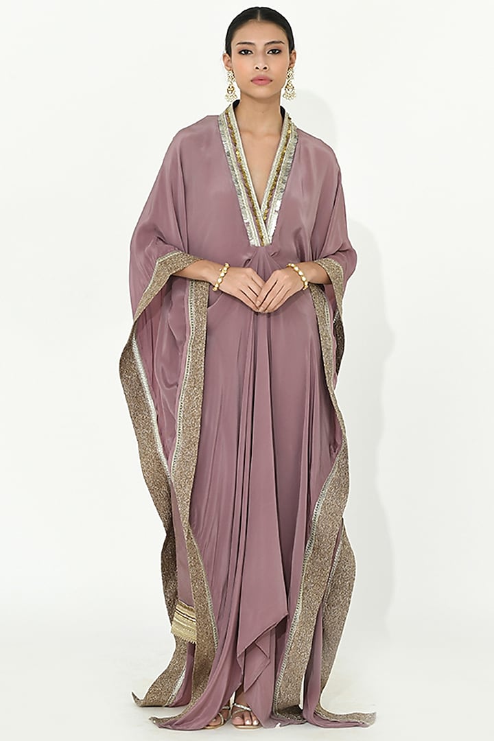 Lavender-Mauve Chanderi Silk Embroidered Kaftan Set by Rishi & Vibhuti at Pernia's Pop Up Shop