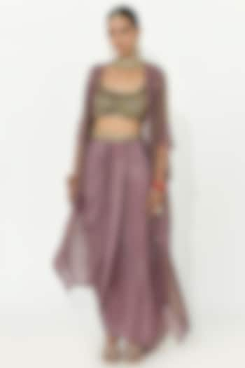 Lavender-Mauve Crepe & Organza Draped Skirt Set by Rishi & Vibhuti