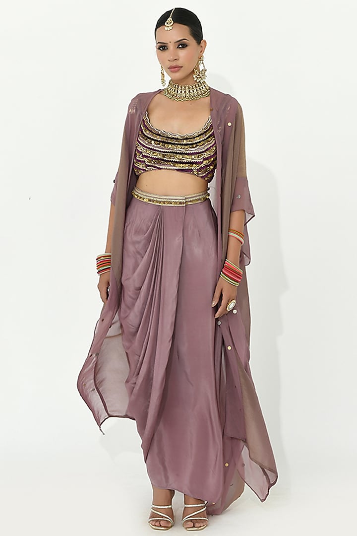 Lavender-Mauve Crepe & Organza Draped Skirt Set by Rishi & Vibhuti