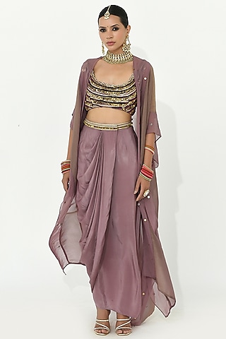 Lavender-Mauve Crepe & Organza Draped Skirt Set by Rishi & Vibhuti