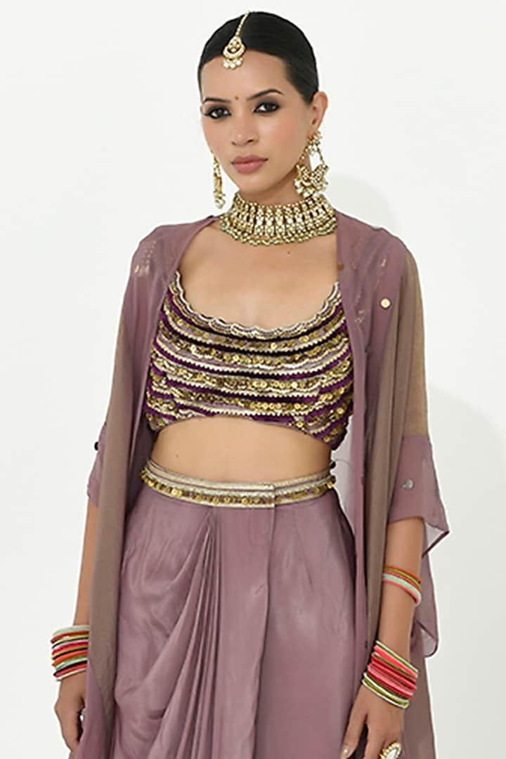 Lavender-Mauve Crepe & Organza Draped Skirt Set by Rishi & Vibhuti at Pernia's Pop Up Shop