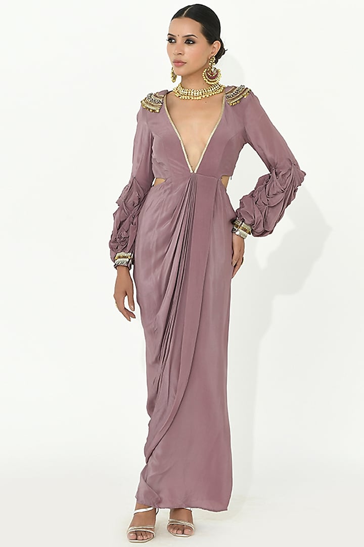 Lavender-Mauve Chanderi Silk & Crepe Embroidered Dress by Rishi & Vibhuti at Pernia's Pop Up Shop