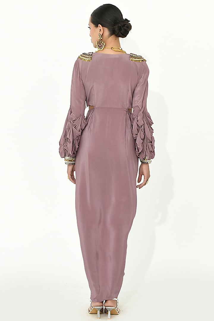 Lavender-Mauve Chanderi Silk & Crepe Embroidered Vacation Dress by Rishi & Vibhuti at Pernia's Pop Up Shop
