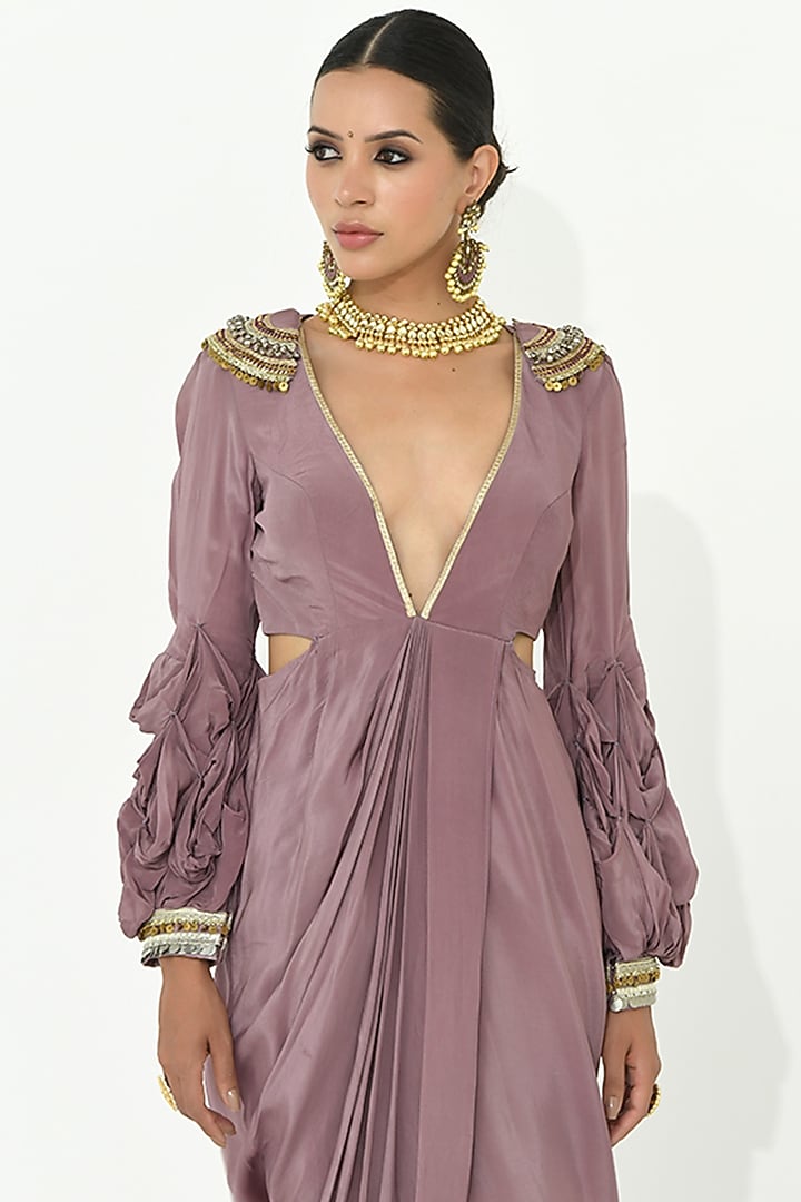 Lavender-Mauve Chanderi Silk & Crepe Embroidered Vacation Dress by Rishi & Vibhuti at Pernia's Pop Up Shop