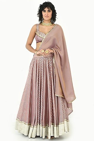 Lavender-Mauve Chanderi Silk Hand Embroidered Lehenga Set by Rishi & Vibhuti
