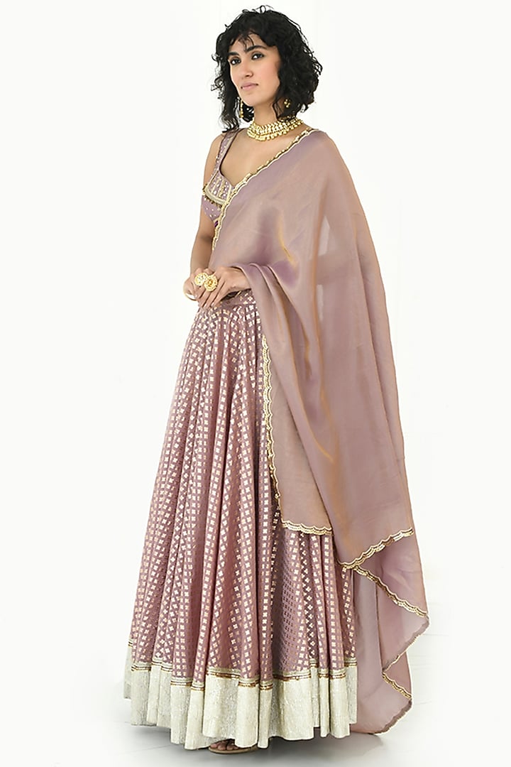 Lavender-Mauve Chanderi Silk Hand Embroidered Wedding Lehenga Set by Rishi & Vibhuti at Pernia's Pop Up Shop