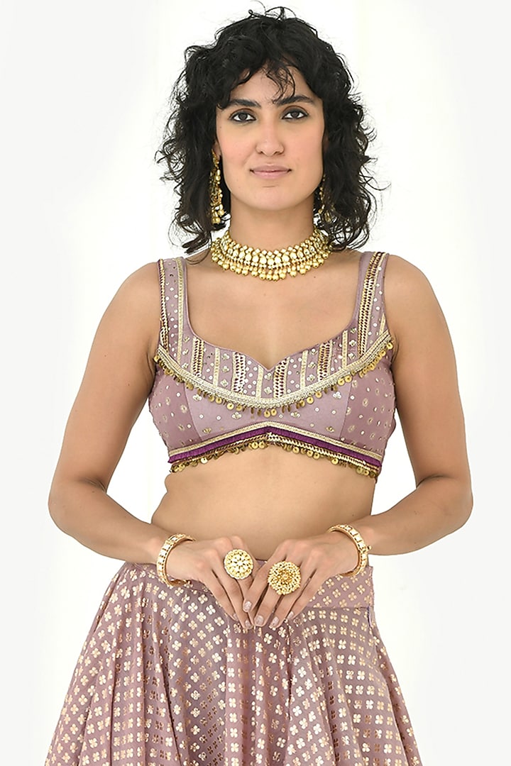 Lavender-Mauve Chanderi Silk Hand Embroidered Wedding Lehenga Set by Rishi & Vibhuti at Pernia's Pop Up Shop