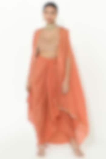 Coral Rose Chanderi & Crepe Draped Skirt Set by Rishi & Vibhuti