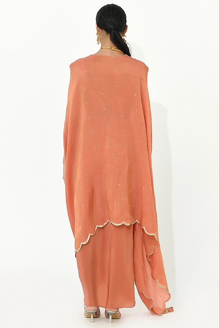 Coral Rose Chanderi & Crepe Draped Skirt Set by Rishi & Vibhuti at Pernia's Pop Up Shop