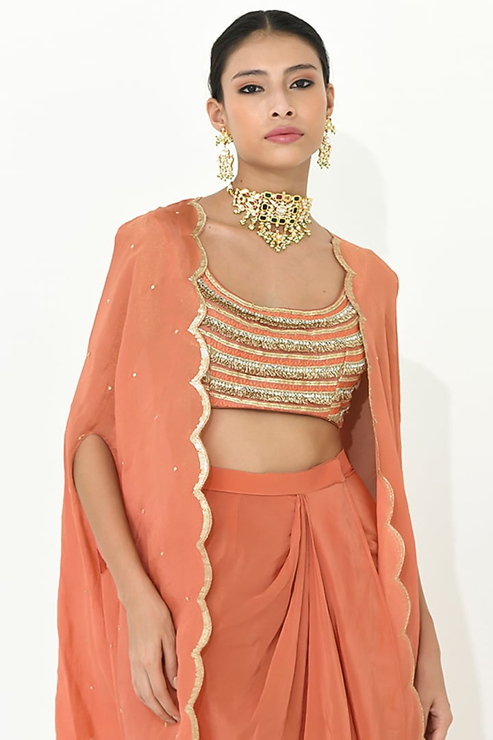 Coral Rose Chanderi & Crepe Draped Skirt Set by Rishi & Vibhuti at Pernia's Pop Up Shop