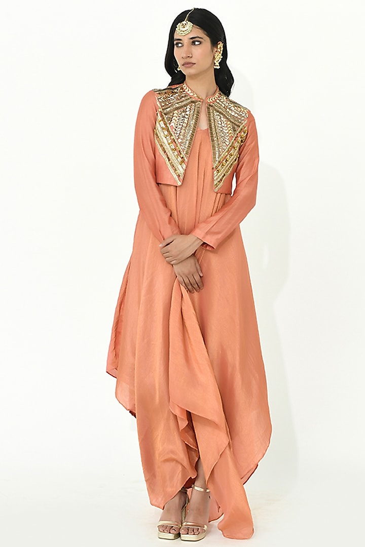 Coral Rose Chanderi Silk Embroidered Jacket Dress by Rishi & Vibhuti at Pernia's Pop Up Shop