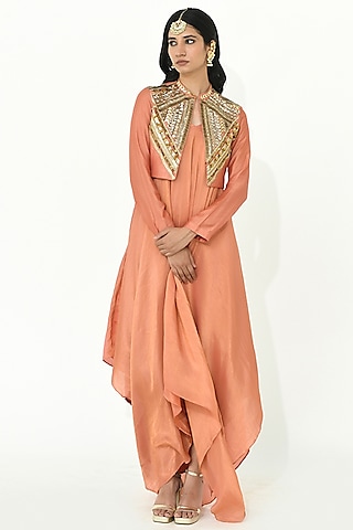 Coral Rose Chanderi Silk Embroidered Jacket Dress by Rishi & Vibhuti