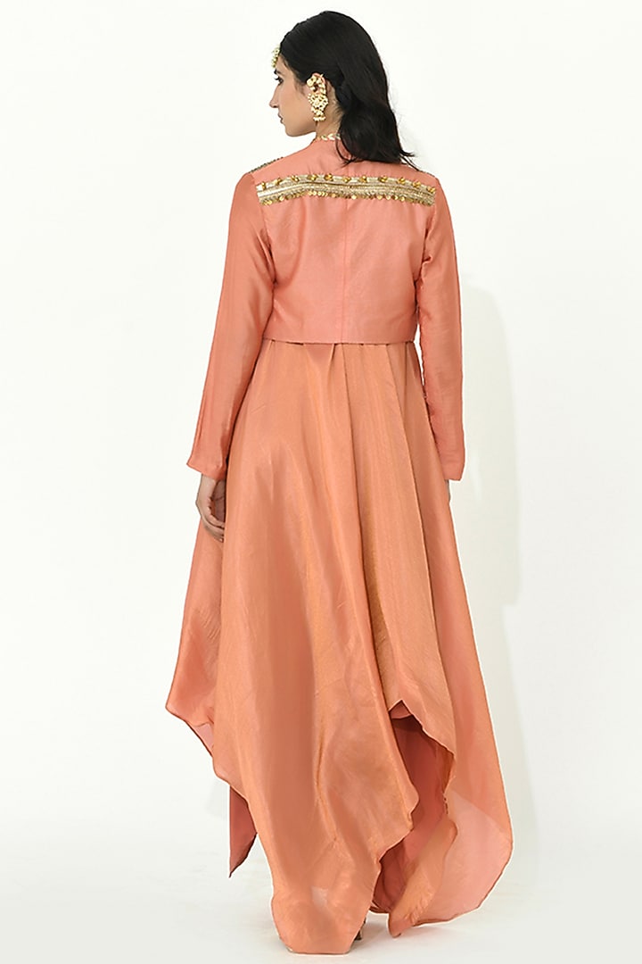 Coral Rose Chanderi Silk Embroidered Jacket Cocktail Dress by Rishi & Vibhuti at Pernia's Pop Up Shop