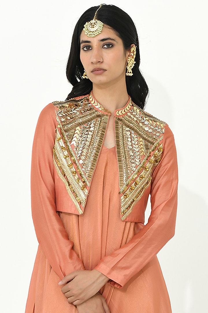 Coral Rose Chanderi Silk Embroidered Jacket Cocktail Dress by Rishi & Vibhuti at Pernia's Pop Up Shop