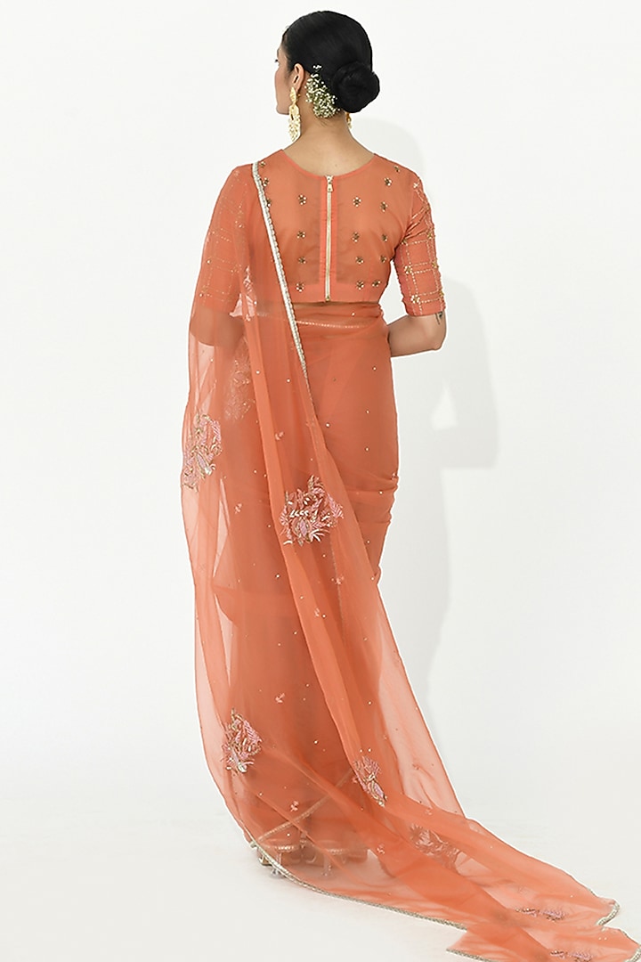 Coral Wedding Saree Organza Lace Embroidered Wedding Saree Set by Rishi & Vibhuti at Pernia's Pop Up Shop