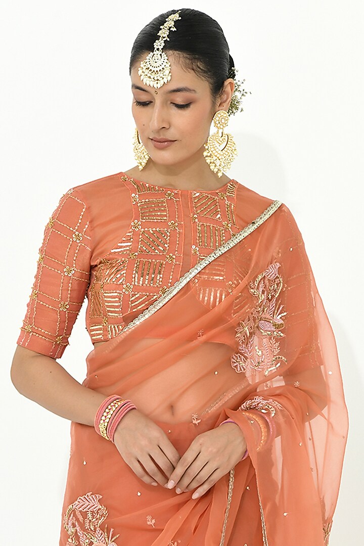 Coral Wedding Saree Organza Lace Embroidered Wedding Saree Set by Rishi & Vibhuti at Pernia's Pop Up Shop