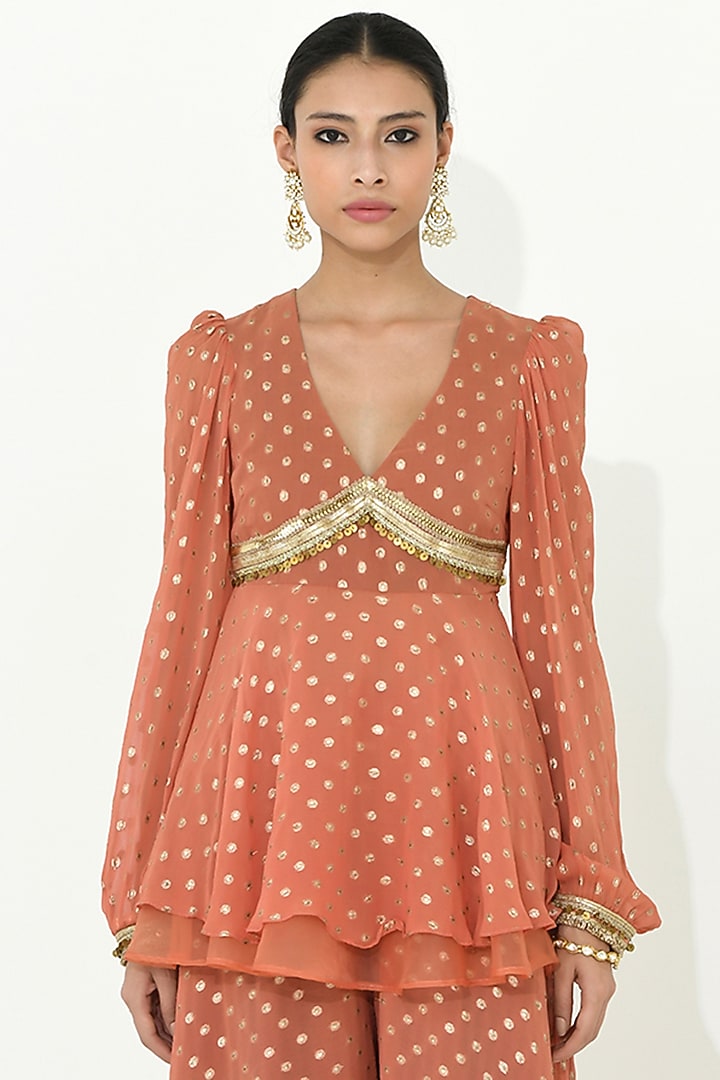 Coral Rose Georgette & Organza Embroidered Party Wear Sharara Set by Rishi & Vibhuti at Pernia's Pop Up Shop