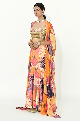 Buttercup Yellow Georgette & Crepe Hand Embellished Cape Set by Rishi & Vibhuti