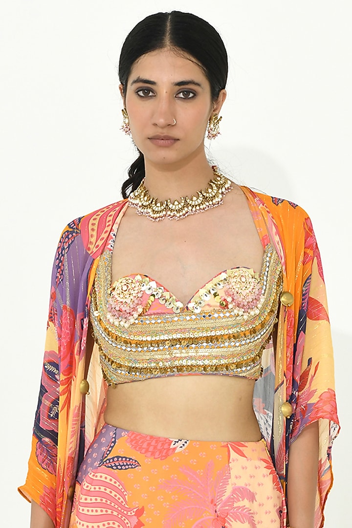 Buttercup Yellow Georgette & Crepe Hand Embellished Cape Set by Rishi & Vibhuti at Pernia's Pop Up Shop