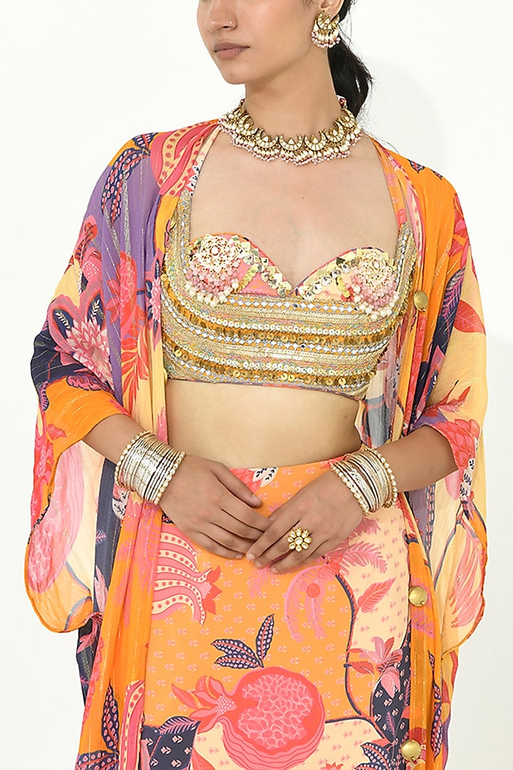 Buttercup Yellow Georgette & Crepe Hand Embellished Cape Set by Rishi & Vibhuti at Pernia's Pop Up Shop