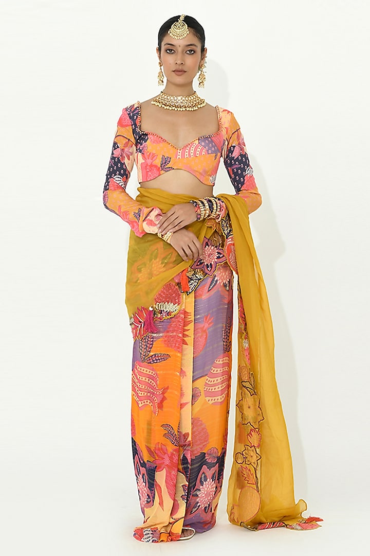 Buttercup Yellow Georgette & Crepe Bead Embellished Saree Set by Rishi & Vibhuti at Pernia's Pop Up Shop