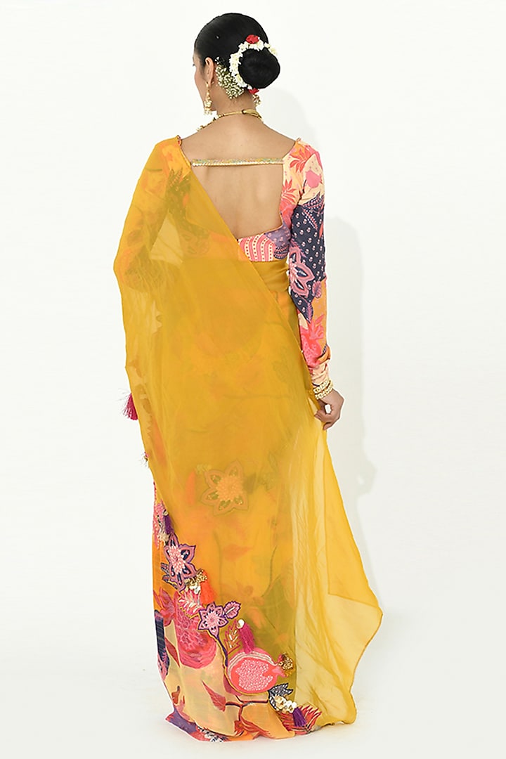 Buttercup Yellow Georgette & Crepe Bead Embellished Wedding Saree Set by Rishi & Vibhuti at Pernia's Pop Up Shop