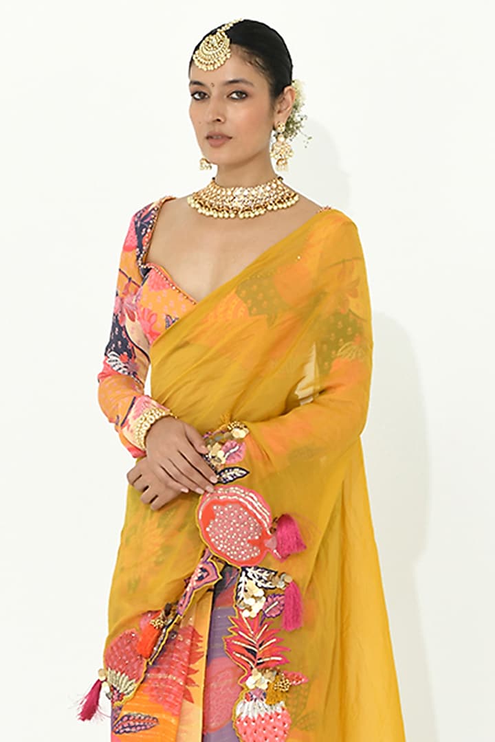 Buttercup Yellow Georgette & Crepe Bead Embellished Wedding Saree Set by Rishi & Vibhuti at Pernia's Pop Up Shop