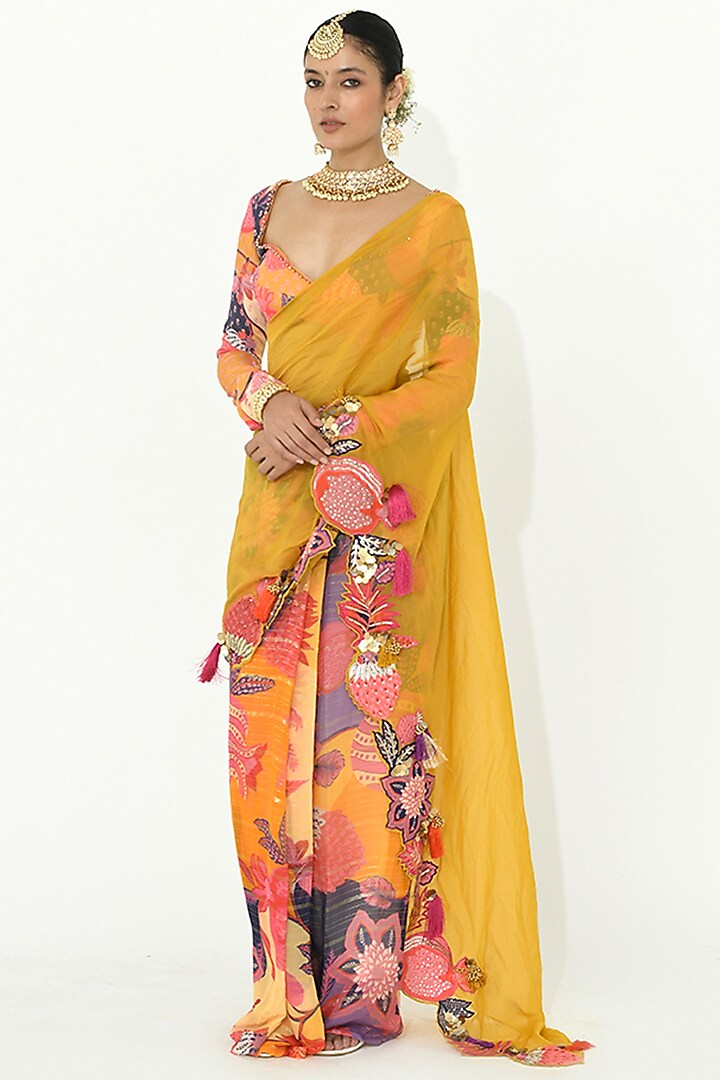 Buttercup Yellow Georgette & Crepe Bead Embellished Wedding Saree Set by Rishi & Vibhuti at Pernia's Pop Up Shop