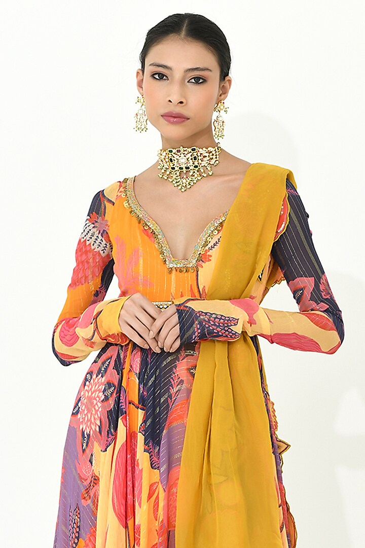 Buttercup Yellow Georgette & Organza Wedding Anarkali Set by Rishi & Vibhuti at Pernia's Pop Up Shop