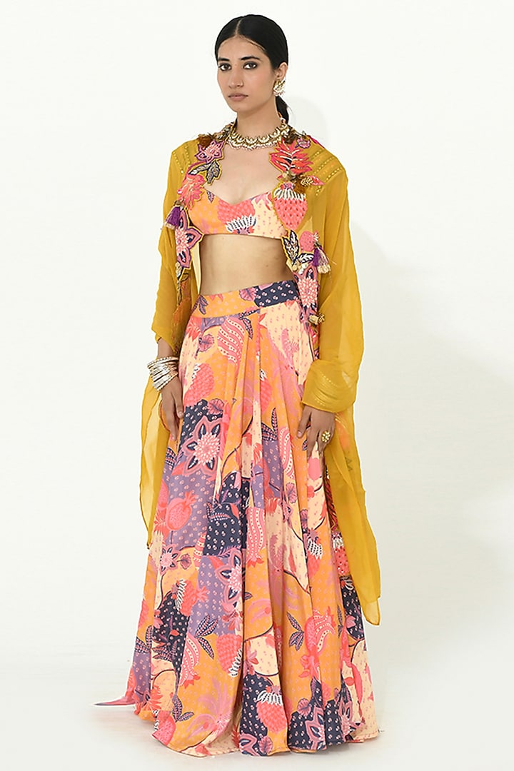 Buttercup Yellow Organza & Crepe Embroidered Wedding Lehenga Set by Rishi & Vibhuti at Pernia's Pop Up Shop