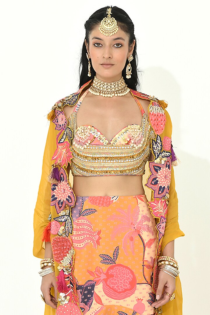 Buttercup Yellow Organza & Crepe Embroidered Jacket Wedding Lehenga Set by Rishi & Vibhuti at Pernia's Pop Up Shop