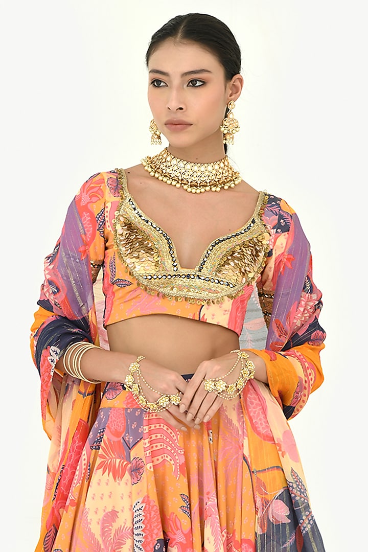 Buttercup Yellow Georgette & Crepe Hand Embellished Wedding Lehenga Set by Rishi & Vibhuti at Pernia's Pop Up Shop