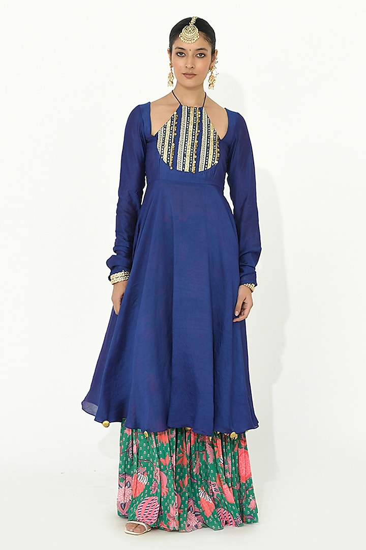 Indigo Blue Crepe & Chanderi Handcrafted Anarkali Set by Rishi & Vibhuti at Pernia's Pop Up Shop